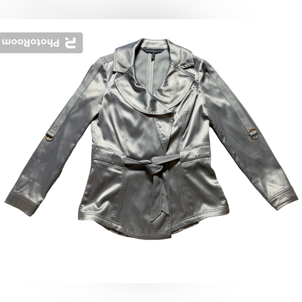 White House Black Market Silver Satin Wrap Short Trench Coat Jacket Womens 0